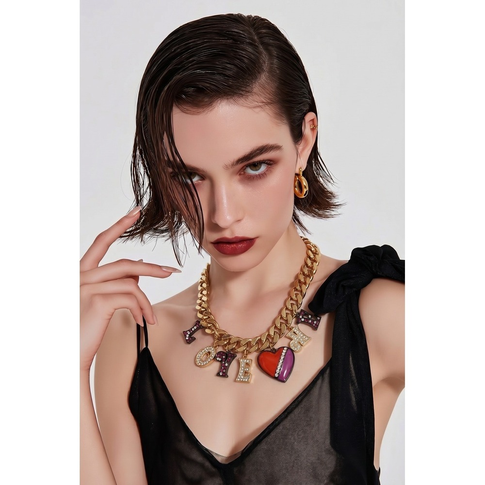 Betsey Johnson Gold Tone Pave Crystal Charm Necklace‎ Red Heart & Letters